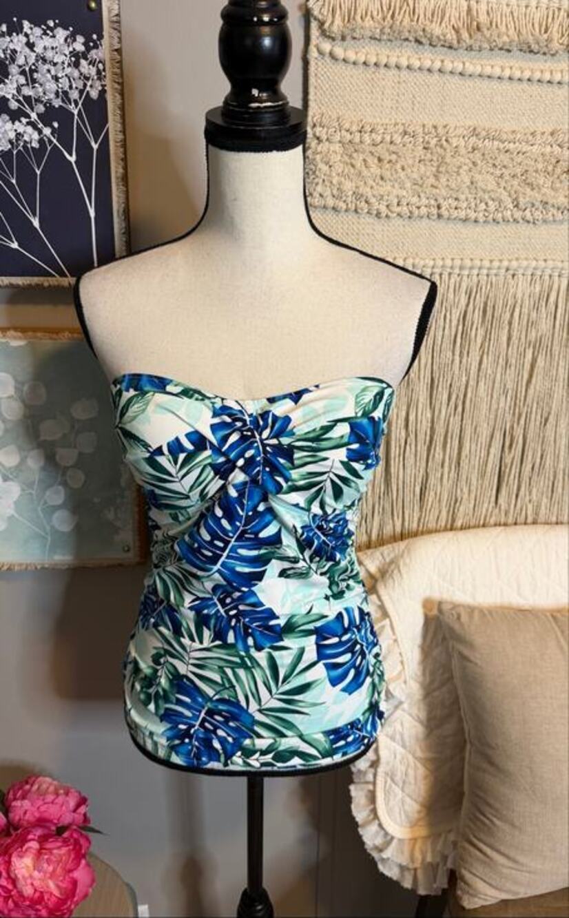 Tommy Bahama Bandeau Tankini Swim Top Blue Green Tropical Leaf Print Padded S